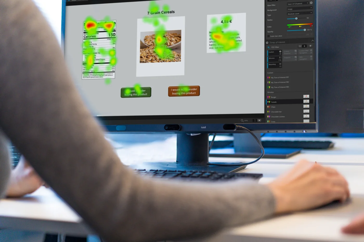 Prawdziwa heatmapa z oprogramowania Tobii Pro Lab — analiza uwagi na etykiecie produktu